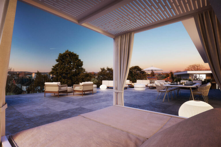 Realistische 3D-Visualisierung eines Mehrparteienhauses mit Innenhof, Spielplatz und abendlicher Lichtstimmung in Marchtrenk