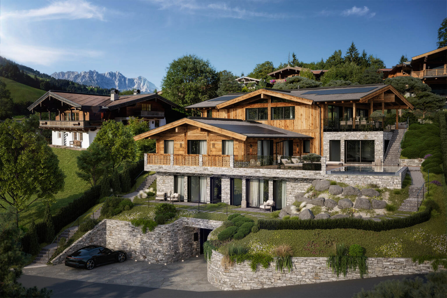 Hochwertige 3D-Visualisierung eines Neubau-Chalets mit Infinity-Pool und edler Innenarchitektur in Reith bei Kitzbühel