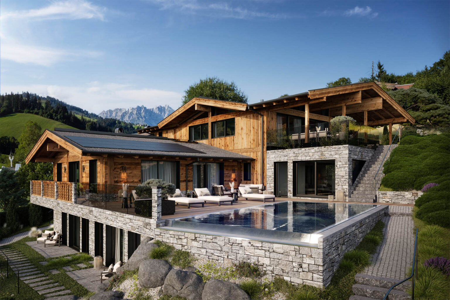 Hochwertige 3D-Visualisierung eines Neubau-Chalets mit Infinity-Pool und edler Innenarchitektur in Reith bei Kitzbühel