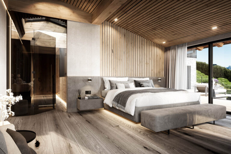 Hochwertige 3D-Visualisierung eines Neubau-Chalets mit Infinity-Pool und edler Innenarchitektur in Reith bei Kitzbühel
