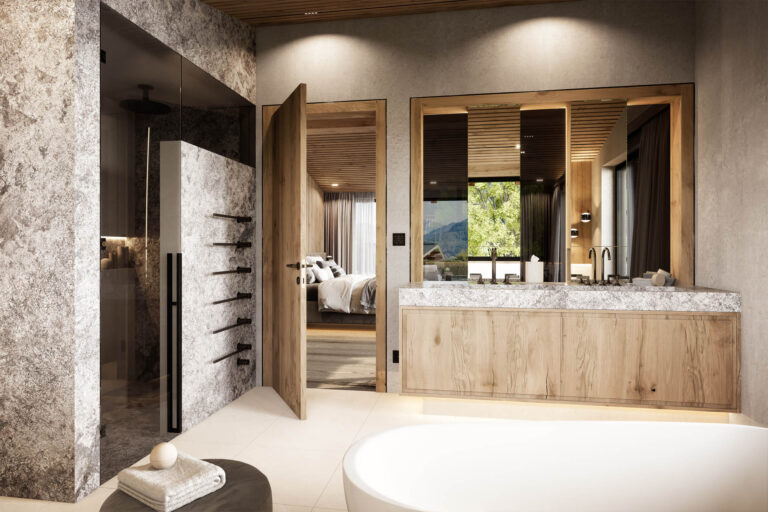 Hochwertige 3D-Visualisierung eines Neubau-Chalets mit Infinity-Pool und edler Innenarchitektur in Reith bei Kitzbühel
