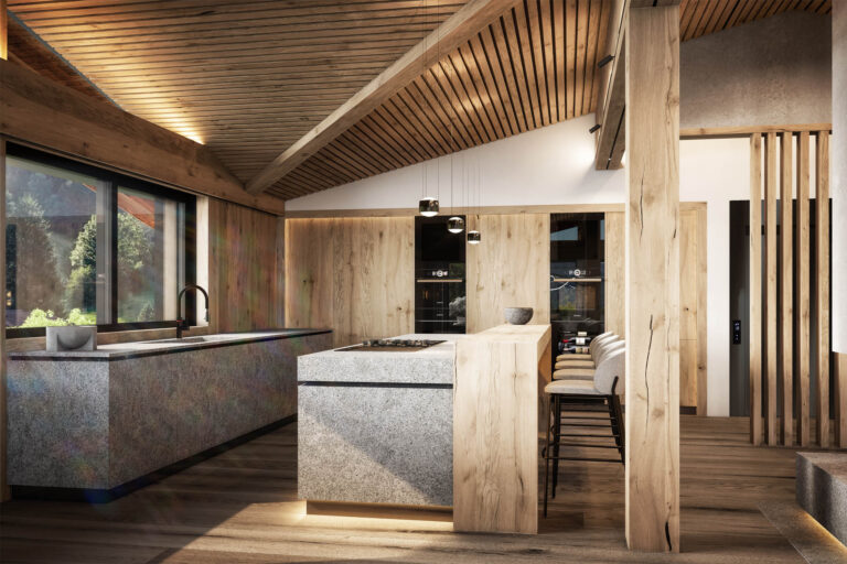 Hochwertige 3D-Visualisierung eines Neubau-Chalets mit Infinity-Pool und edler Innenarchitektur in Reith bei Kitzbühel