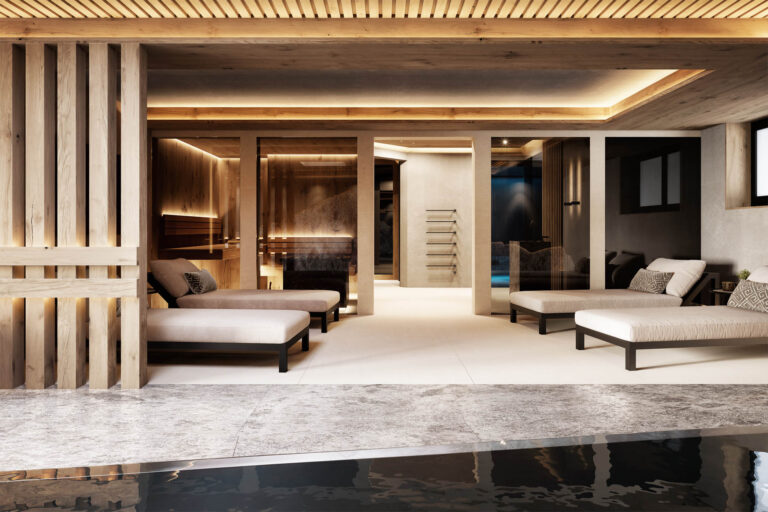 Hochwertige 3D-Visualisierung eines Neubau-Chalets mit Infinity-Pool und edler Innenarchitektur in Reith bei Kitzbühel