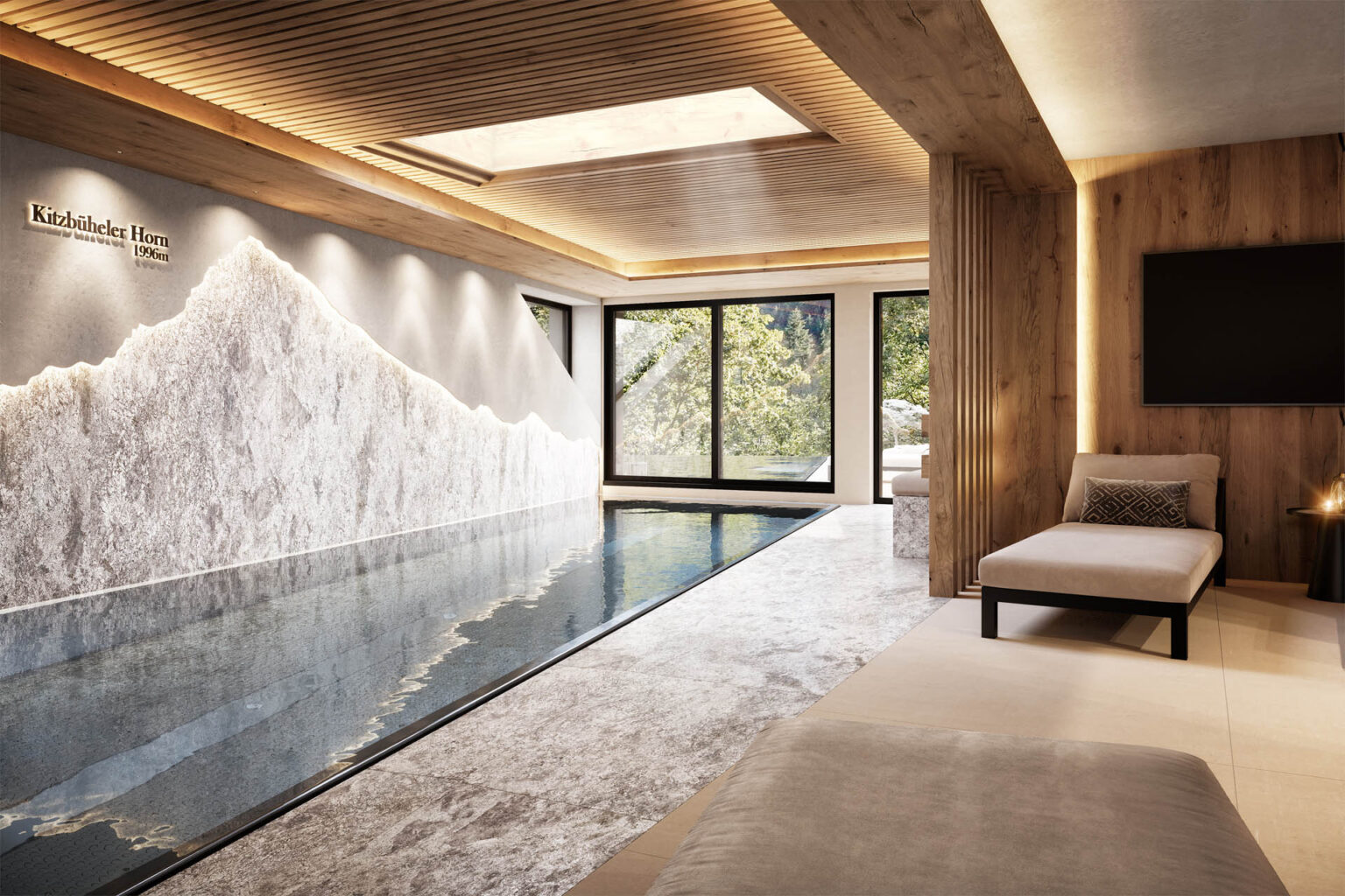 Hochwertige 3D-Visualisierung eines Neubau-Chalets mit Infinity-Pool und edler Innenarchitektur in Reith bei Kitzbühel