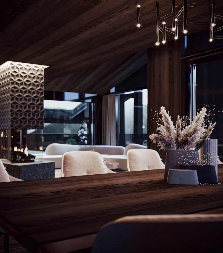 Exklusive 3D-Visualisierung eines Chalets in Südtirol mit Outdoor-Pool, privatem Spa und spektakulärem Bergpanorama