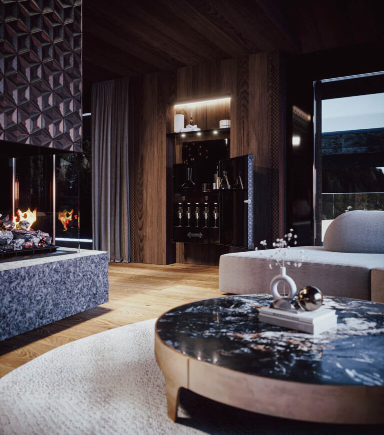 Exklusive 3D-Visualisierung eines Chalets in Südtirol mit Outdoor-Pool, privatem Spa und spektakulärem Bergpanorama