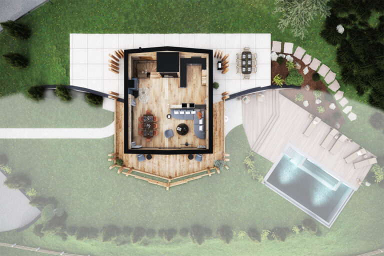 3D-Visualisierung eines luxuriösen Wellness-Chalets in Wolkenstein, Südtirol mit Spa-Bereich und Winterlandschaft