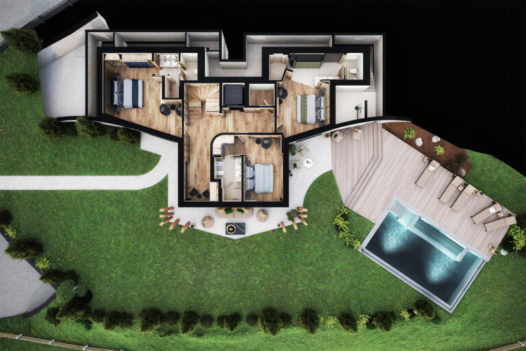 3D-Visualisierung eines luxuriösen Wellness-Chalets in Wolkenstein, Südtirol mit Spa-Bereich und Winterlandschaft