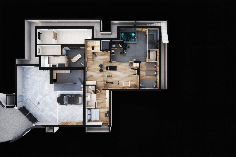 3D-Visualisierung eines luxuriösen Wellness-Chalets in Wolkenstein, Südtirol mit Spa-Bereich und Winterlandschaft