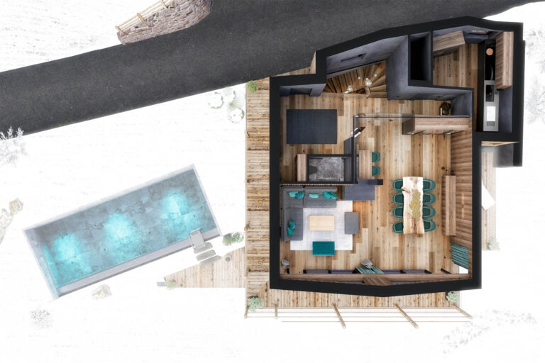 Naturverbundene 3D-Visualisierung eines Chalets mit Infinity-Pool, Spa-Bereich und stimmungsvoller Abendbeleuchtung in Gröden