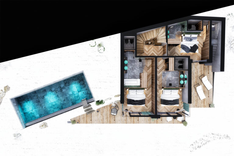 Naturverbundene 3D-Visualisierung eines Chalets mit Infinity-Pool, Spa-Bereich und stimmungsvoller Abendbeleuchtung in Gröden