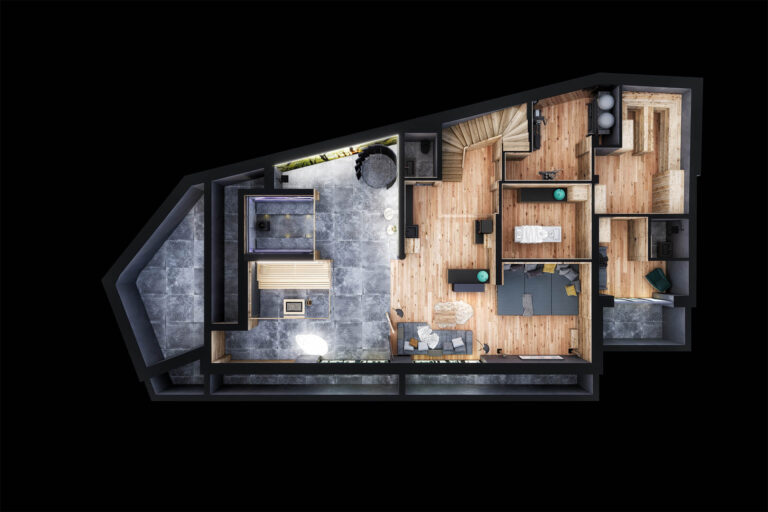 Naturverbundene 3D-Visualisierung eines Chalets mit Infinity-Pool, Spa-Bereich und stimmungsvoller Abendbeleuchtung in Gröden