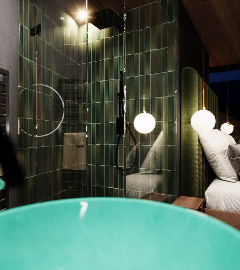 Naturverbundene 3D-Visualisierung eines Chalets mit Infinity-Pool, Spa-Bereich und stimmungsvoller Abendbeleuchtung in Gröden