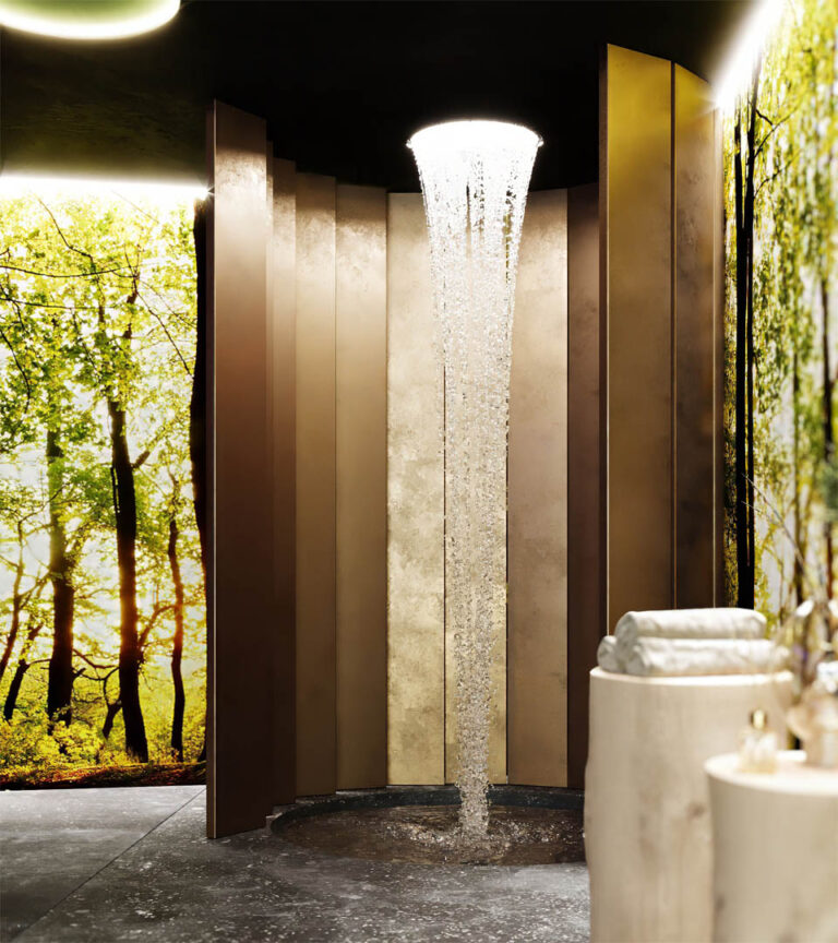 Naturverbundene 3D-Visualisierung eines Chalets mit Infinity-Pool, Spa-Bereich und stimmungsvoller Abendbeleuchtung in Gröden