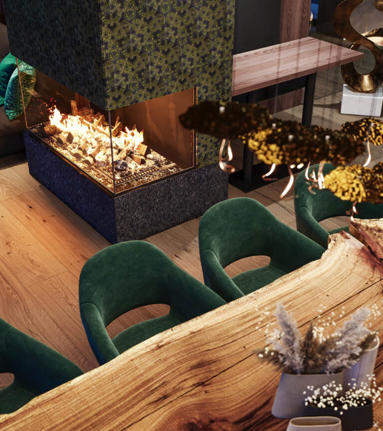 Naturverbundene 3D-Visualisierung eines Chalets mit Infinity-Pool, Spa-Bereich und stimmungsvoller Abendbeleuchtung in Gröden