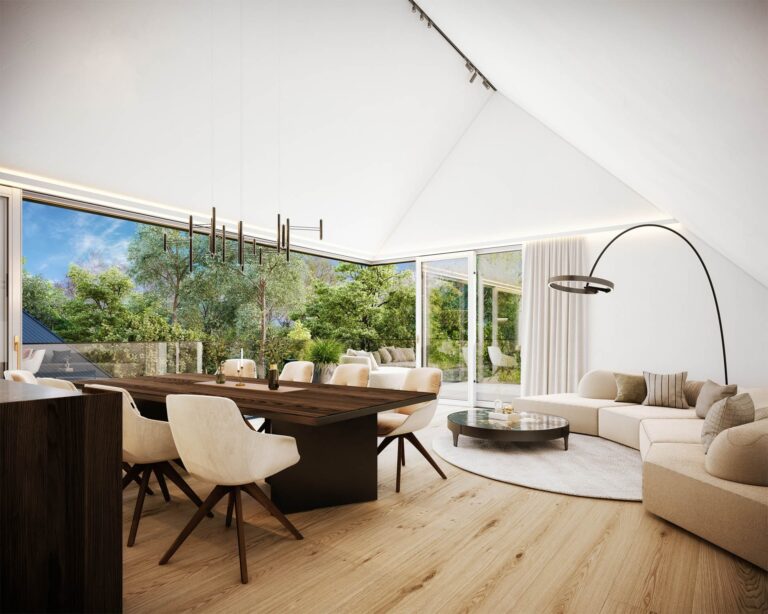 3D-Visualisierung eines zeitgemäßen Mehrparteienhauses mit Sonnenterrasse und Naturkulisse in Salzburg