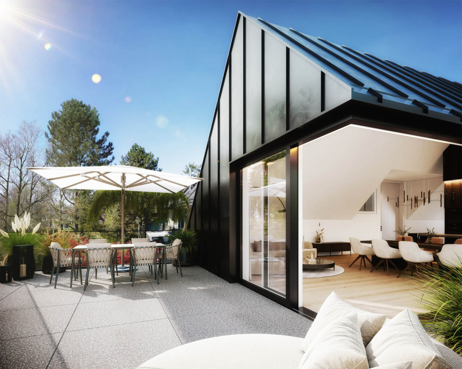 3D-Visualisierung eines zeitgemäßen Mehrparteienhauses mit Sonnenterrasse und Naturkulisse in Salzburg