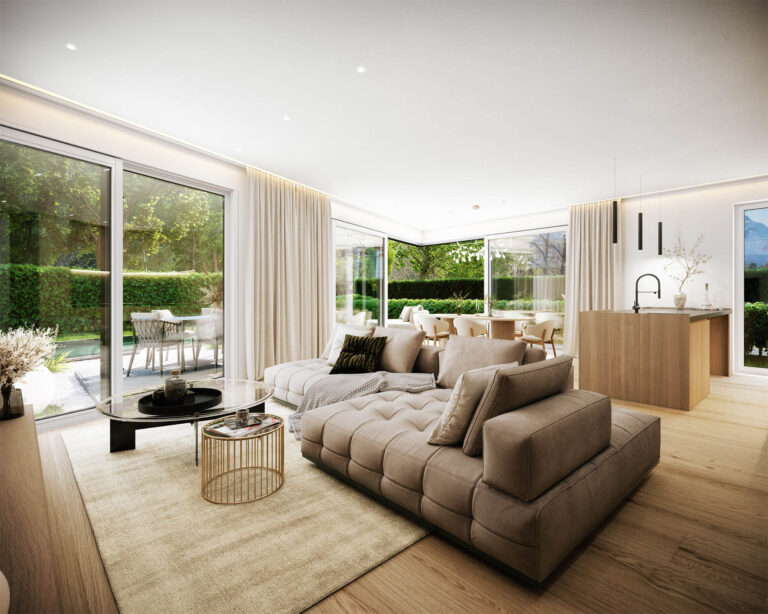 3D-Visualisierung eines zeitgemäßen Mehrparteienhauses mit Sonnenterrasse und Naturkulisse in Salzburg