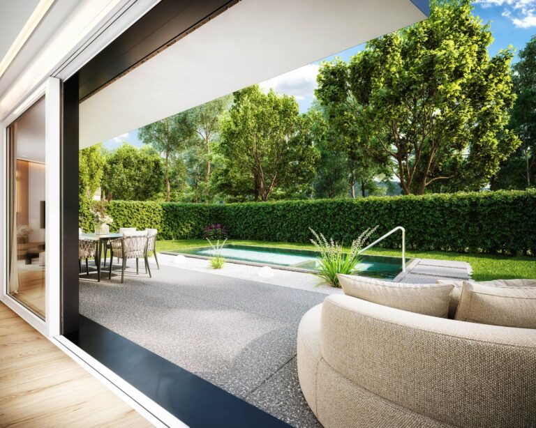 3D-Visualisierung eines zeitgemäßen Mehrparteienhauses mit Sonnenterrasse und Naturkulisse in Salzburg