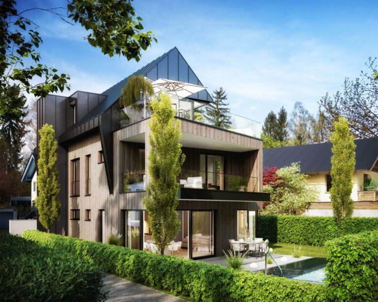 3D-Visualisierung eines zeitgemäßen Mehrparteienhauses mit Sonnenterrasse und Naturkulisse in Salzburg