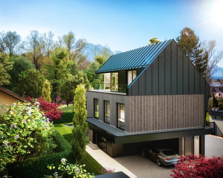 3D-Visualisierung eines zeitgemäßen Mehrparteienhauses mit Sonnenterrasse und Naturkulisse in Salzburg