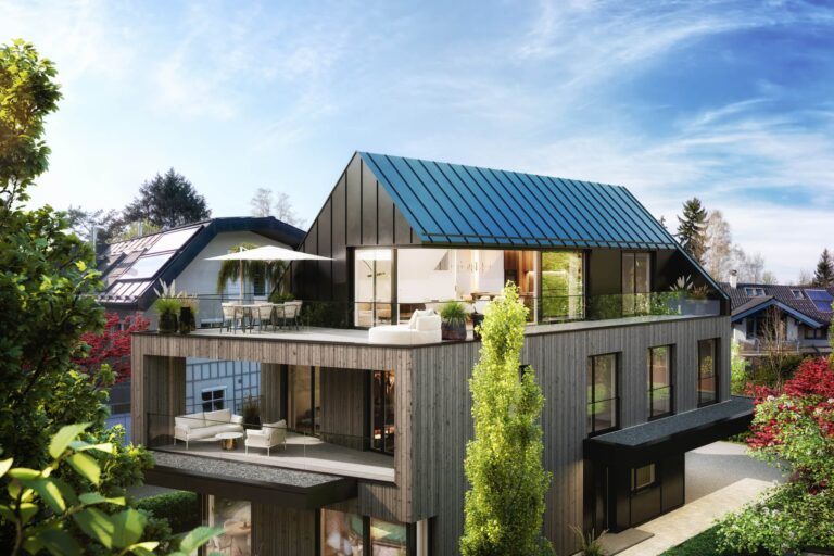 3D-Visualisierung eines zeitgemäßen Mehrparteienhauses mit Sonnenterrasse und Naturkulisse in Salzburg