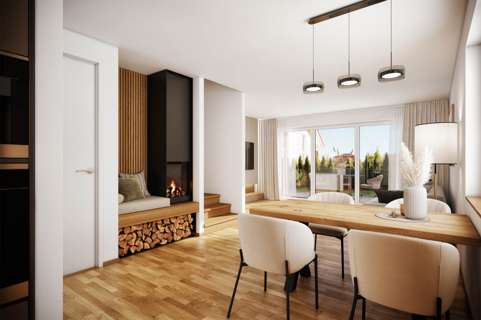 Photorealistische 3D-Visualisierung moderner Reihenhäuser mit Privatgärten in Geretsberg, Oberösterreich