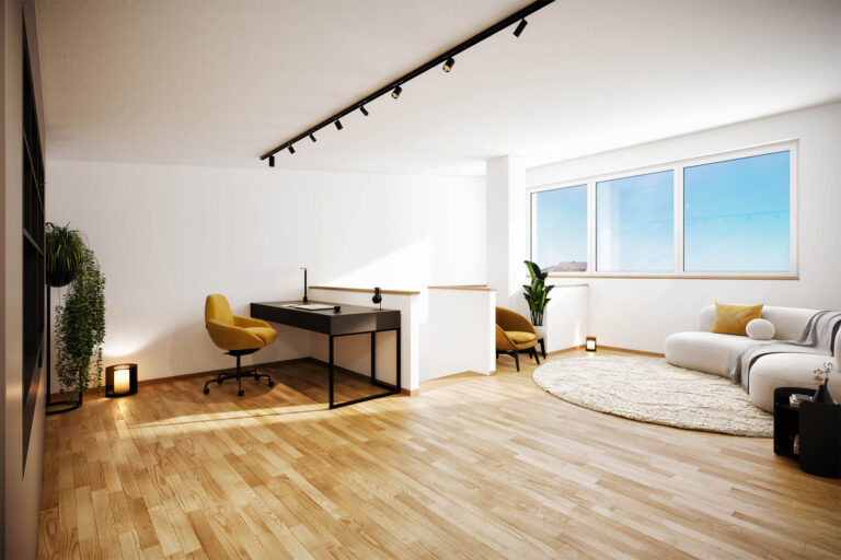 Photorealistische 3D-Visualisierung moderner Reihenhäuser mit Privatgärten in Geretsberg, Oberösterreich