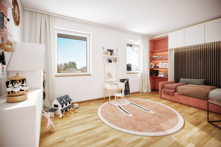 Photorealistische 3D-Visualisierung moderner Reihenhäuser mit Privatgärten in Geretsberg, Oberösterreich