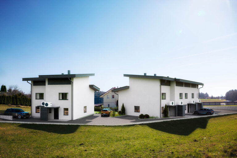 Photorealistische 3D-Visualisierung moderner Reihenhäuser mit Privatgärten in Geretsberg, Oberösterreich