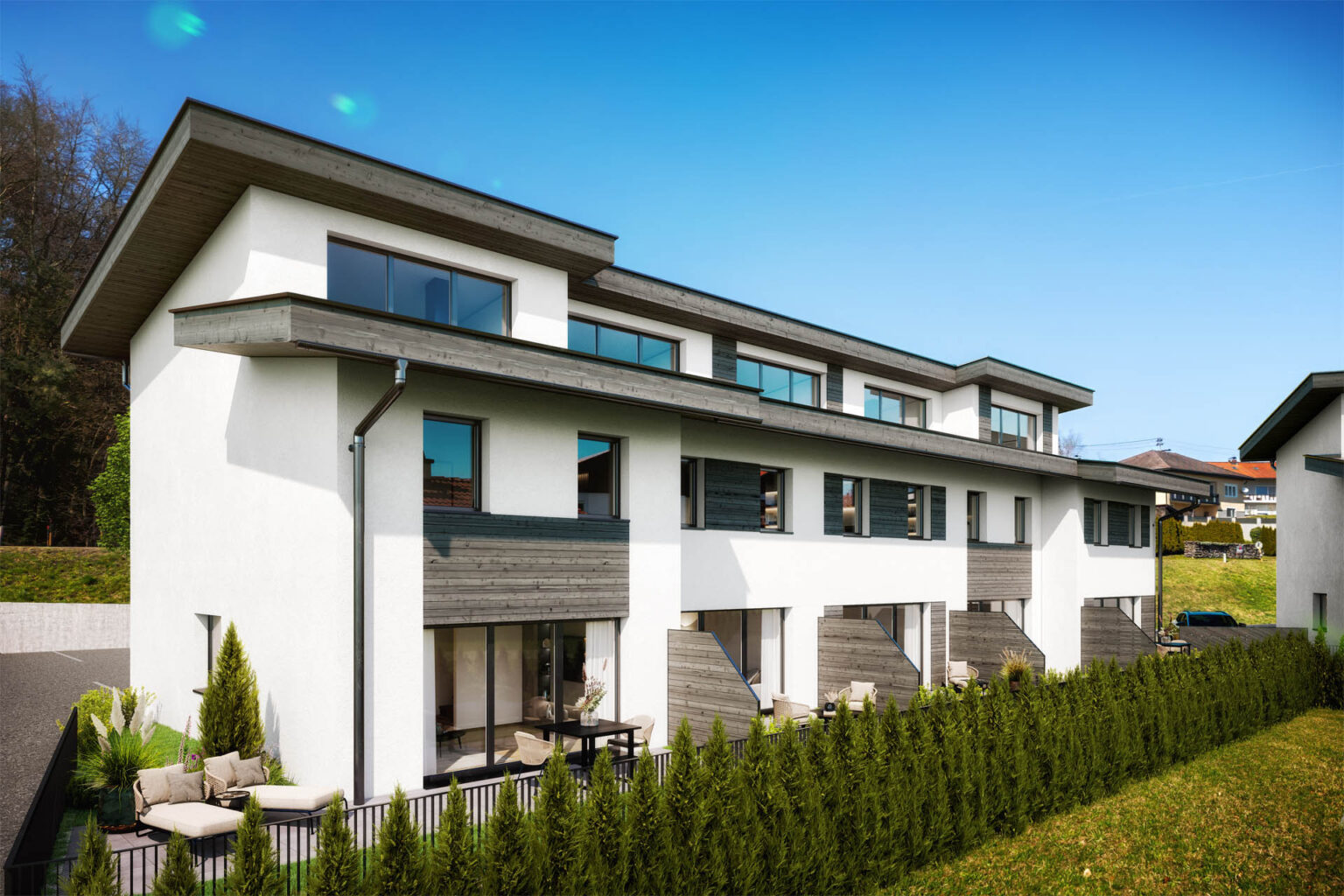 Photorealistische 3D-Visualisierung moderner Reihenhäuser mit Privatgärten in Geretsberg, Oberösterreich