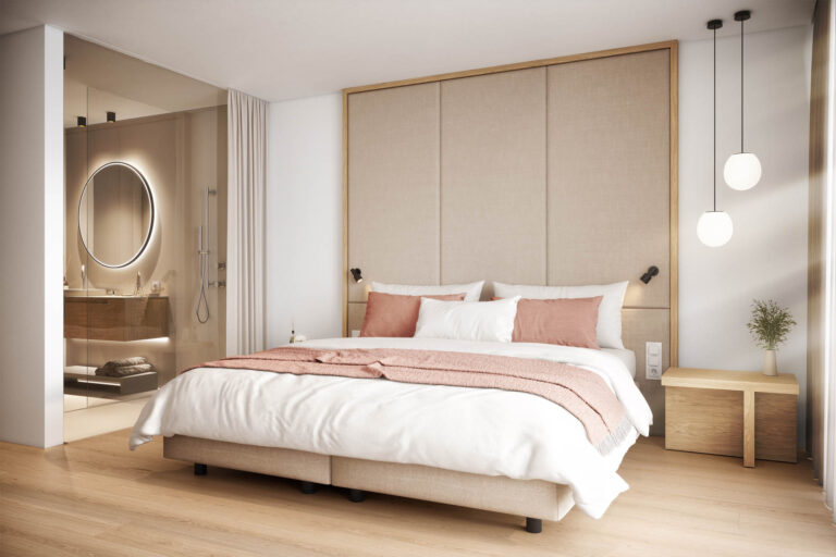 Architekturvisualisierung des exklusiven Mountain Retreat Hotel Haven Alpendorf mit Rooftop-Infinity-Pool