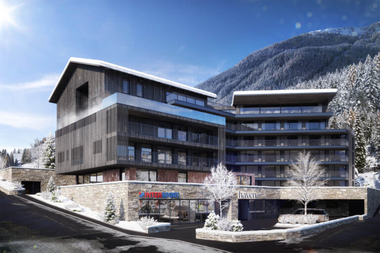 Architekturvisualisierung des exklusiven Mountain Retreat Hotel Haven Alpendorf mit Rooftop-Infinity-Pool
