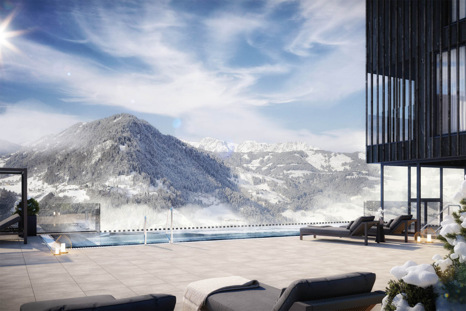 Architekturvisualisierung des exklusiven Mountain Retreat Hotel Haven Alpendorf mit Rooftop-Infinity-Pool