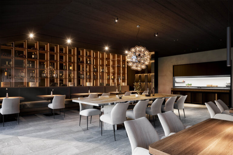 Architekturvisualisierung des exklusiven Mountain Retreat Hotel Haven Alpendorf mit Rooftop-Infinity-Pool