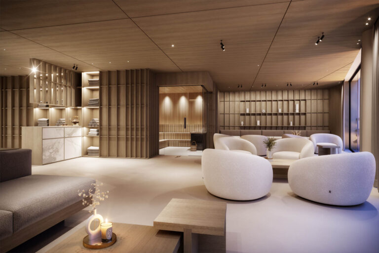 Architekturvisualisierung des exklusiven Mountain Retreat Hotel Haven Alpendorf mit Rooftop-Infinity-Pool