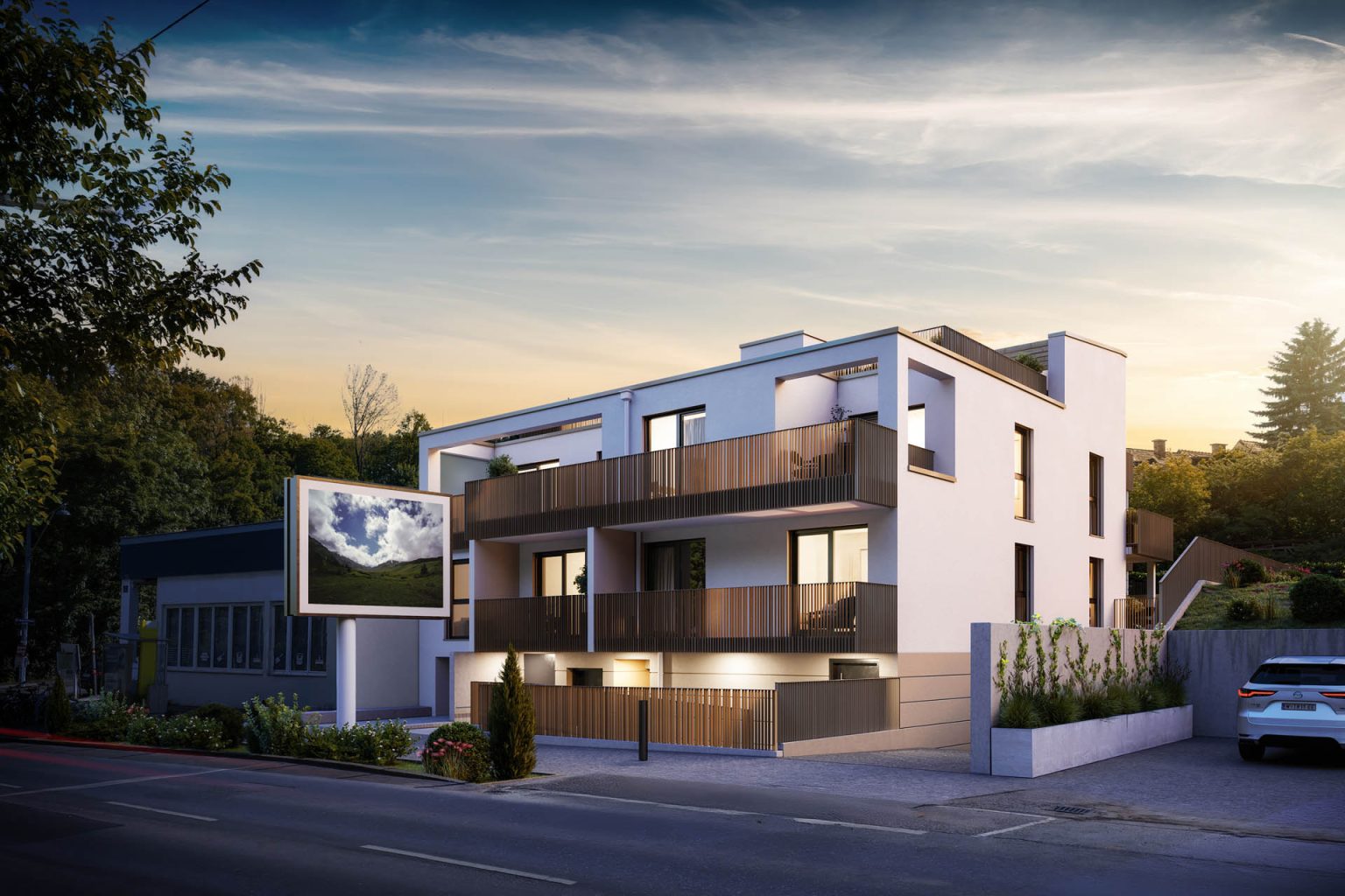 3D-Visualisierung Mehrparteienhaus Wien Hüttelbergstraße Dämmerung