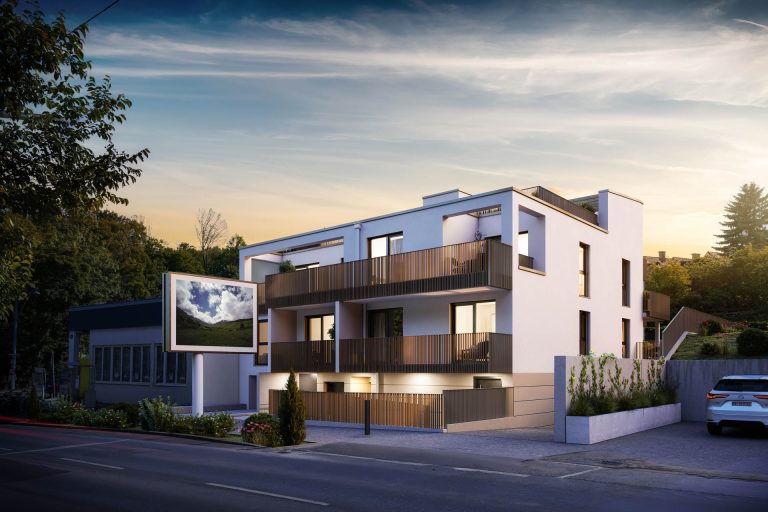 3D-Visualisierung Mehrparteienhaus Wien Hüttelbergstraße Dämmerung