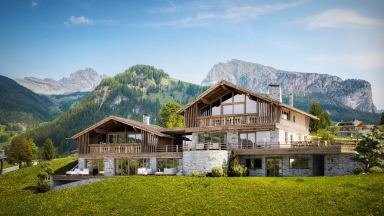 Photorealistische 3D-Visualisierung Appartement Chalet Muliné Lodge Südtirol Sommer