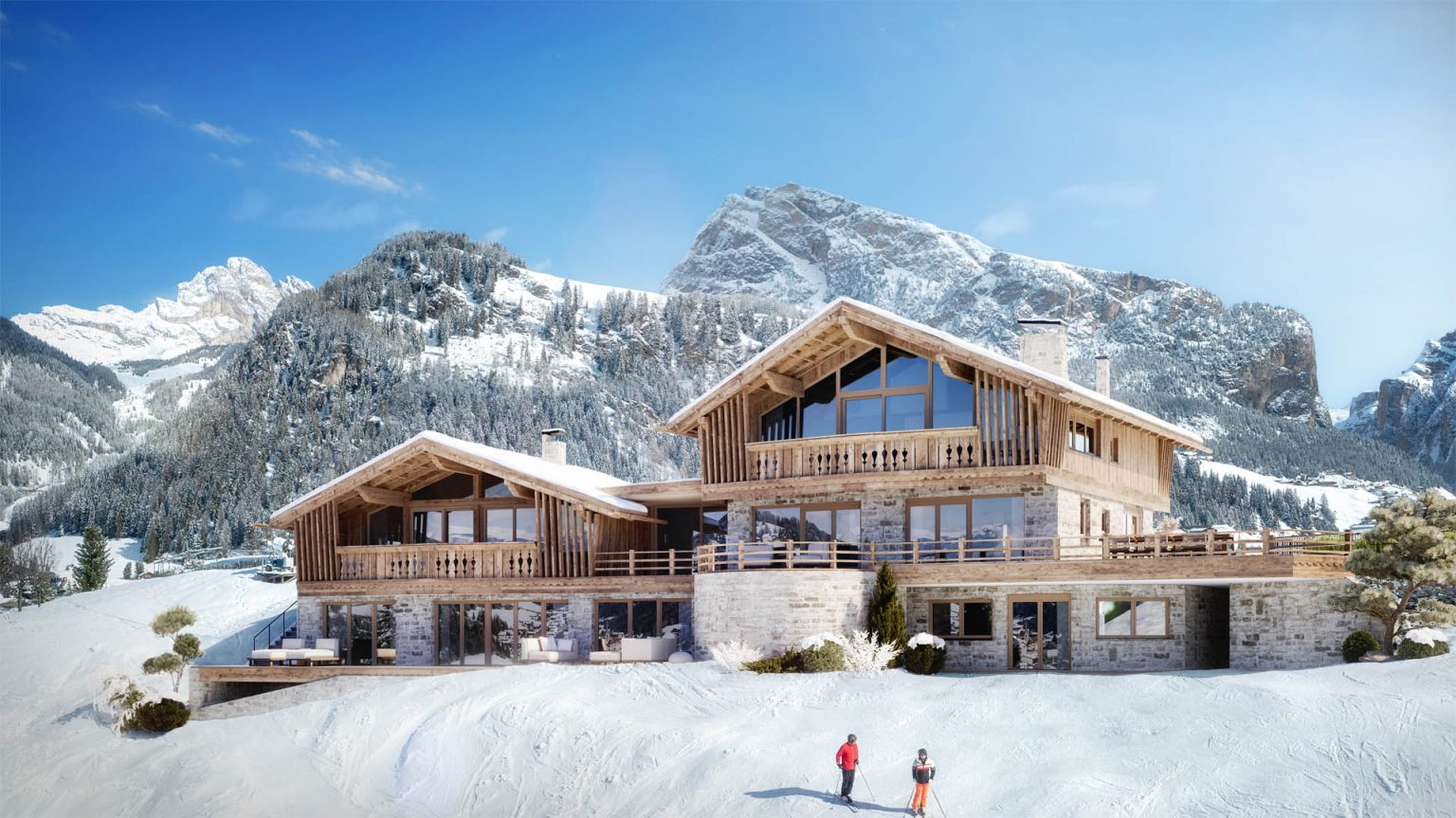 Photorealistische 3D-Visualisierung Appartement Chalet Muliné Lodge Südtirol Winter