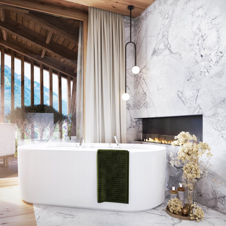 Photorealistische 3D-Visualisierung Appartement Chalet Muliné Lodge Südtirol Bad