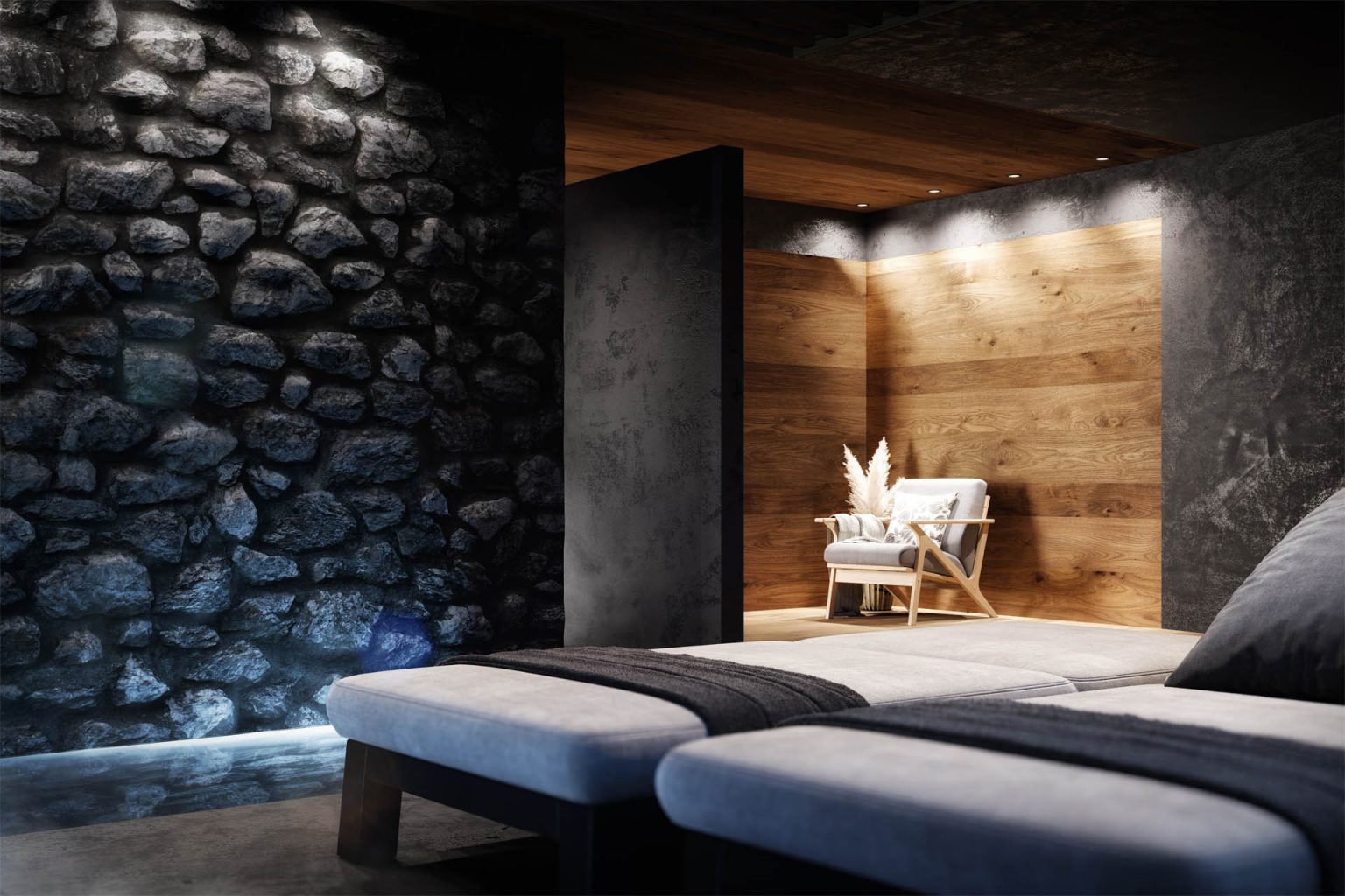 Photorealistische 3D-Visualisierung Appartement Chalet Muliné Lodge Südtirol Spa