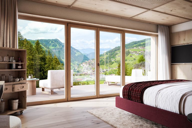 Photorealistische 3D-Visualisierung Appartement Chalet Muliné Lodge Südtirol Schlafzimmer