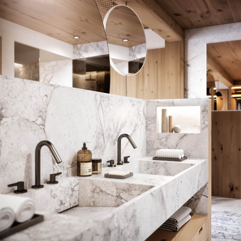Photorealistische 3D-Visualisierung Appartement Chalet Muliné Lodge Südtirol Bad
