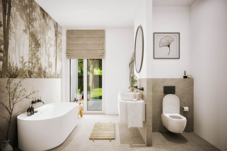 Bad Beige Weiß Schwarz modernes Interieur AssetX Salzburg