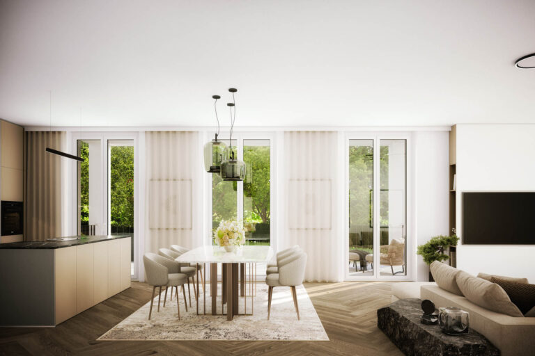 Innenraum Fischgrätparkett Beige Weiß Schwarz modernes Interieur AssetX Salzburg