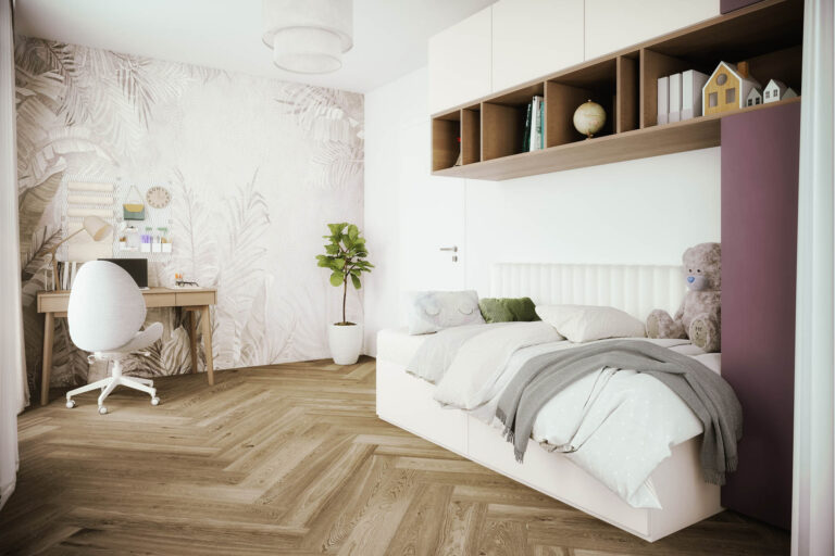 Innenraum Fischgrätparkett Beige Weiß Schwarz modernes Interieur AssetX Salzburg