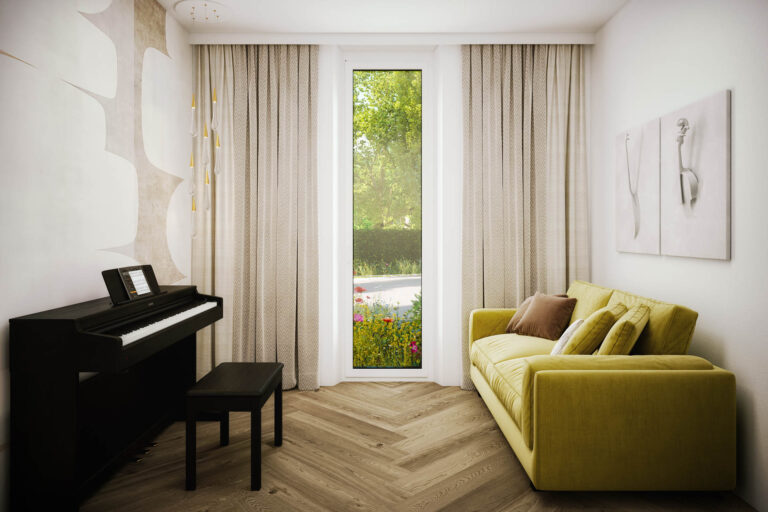 Innenraum Fischgrätparkett Beige Weiß Schwarz modernes Interieur AssetX Salzburg