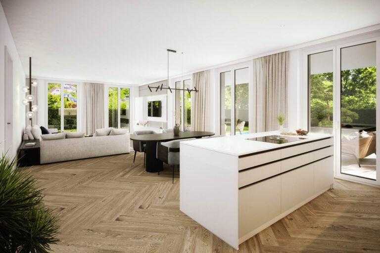 Innenraum Fischgrätparkett Beige Weiß Schwarz modernes Interieur AssetX Salzburg