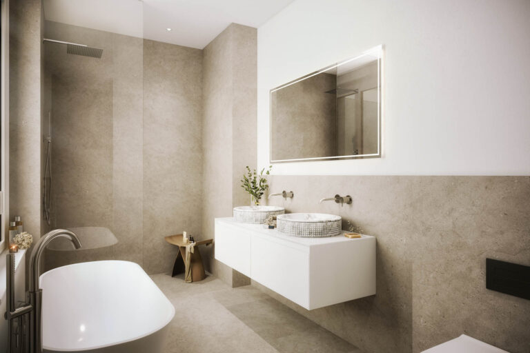 Bad Beige Weiß Schwarz modernes Interieur AssetX Salzburg